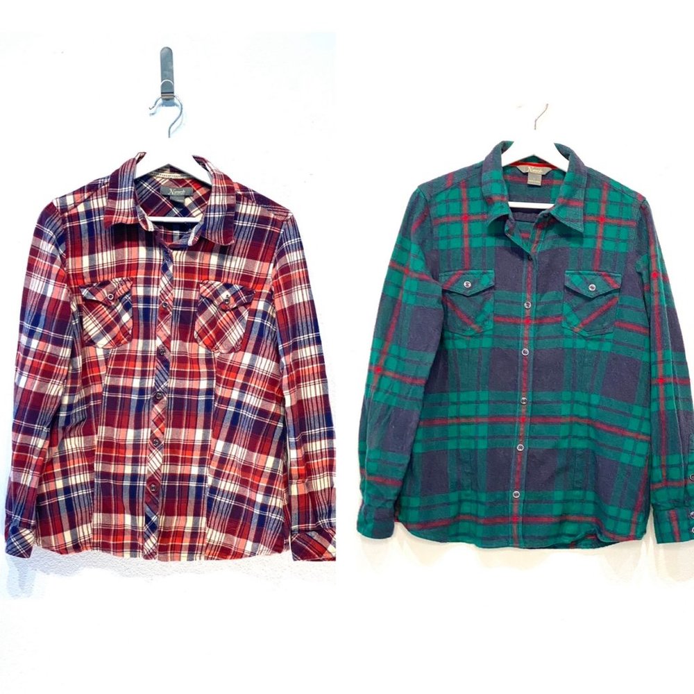 Natural Reflections 2 PACK Long Sleeve Plaid Button Down Shirt Top Large